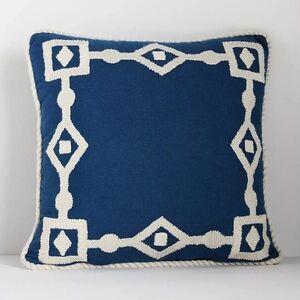 Anthropologie Greek Key Embroidered Indoor/Outdoor Pillow in Navy, NWT.